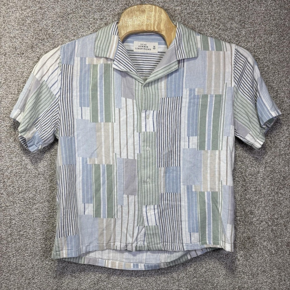 THE A&F Shirt Mens Medium Multicolor Stripe Short Sleeve Linen Blend Button Up